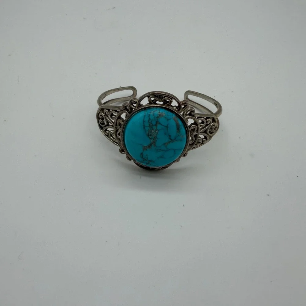 Barse Thailand Turquoise Filigree Cuff Bracelet Silver Tone Southwestern‎ Boho